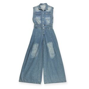 Veveret Wide Leg Pleated Sleeveless Denim Jumpsuit Womens Size Large